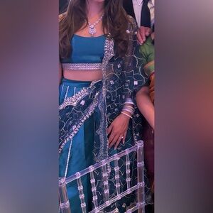 Teal Blue Embroidered Satin Lehenga